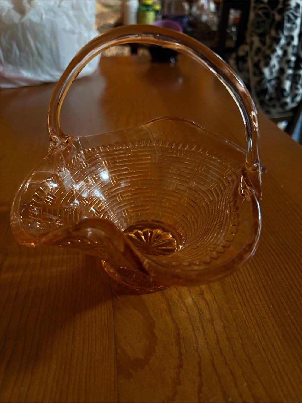 Pink Glass Basket Accent Bowl with Handle